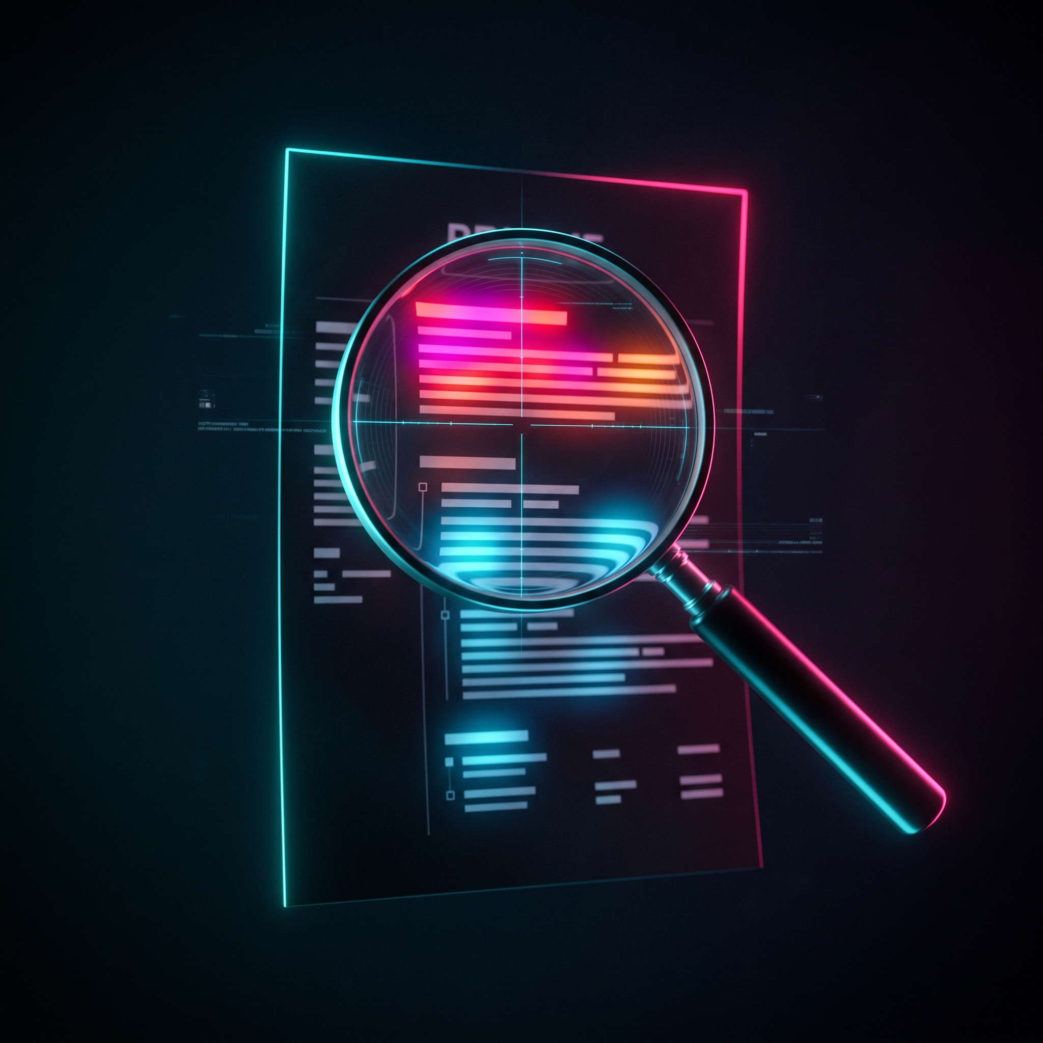 Magnifying glass scanning a resume, revealing a recruiter's attention heatmap
